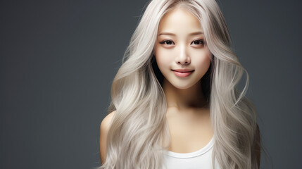 Fototapeta premium Portrait of smiling asian teenager girl with long and white hair gray background.