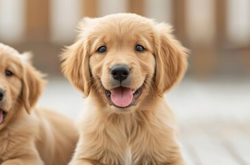 Happy golden retriever puppy in sunlight.
