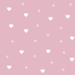 Gentle pink seamless pattern. White hearts and rings on a pastel pink background. Valentine's Day background. Background for paper, gift wrap, textile,  card, wallpaper.