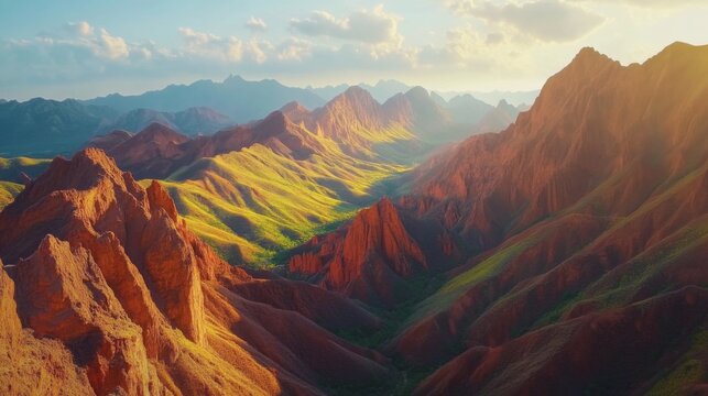 The unique karst mountains of Zhangye Danxia, Gansu, China, known for their vibrant red, orange, and yellow rock formations, with the sunlight casting dramatic shadows across the landscape