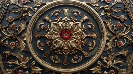 Intricate gold and red floral design with a dark blue background.