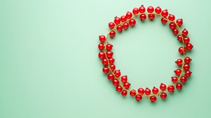Redcurrants arranged in a circular pattern on a light green background, with space at center