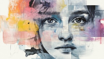 Fototapeta premium Abstract Watercolor Portrait with Geometric Shapes and Color Splashes