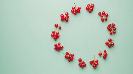Obraz premium Redcurrants arranged in a circular pattern on a light green background, with space at center
