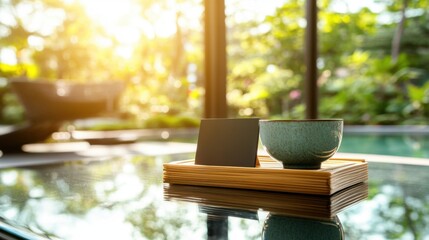 Bamboo Cardholder and Bowl on Glass Table in Garden