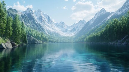 A peaceful lake nestled between the mountains of Mount Changbai, Jilin, China, with lush forests surrounding the crystal-clear waters and snowy peaks in the background