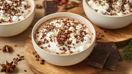 Traditional hot chocolate served with marshmallow fluff and chocolate sprinkles.