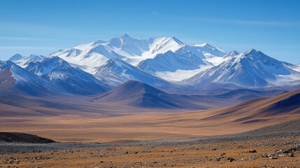 A dramatic view of the Kunlun Mountains, China, with snow-covered peaks stretching into the horizon, rocky terrain, and clear blue skies contrasting against the rugged landscape