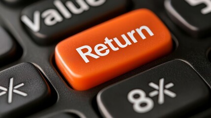 A close-up of a calculator's orange "Return" button, highlighting its importance for calculations and data input.