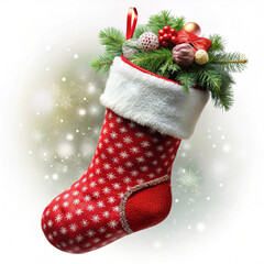 A classic red Christmas stocking with snowflake patterns and a fluffy white trim, perfect for holiday decor or Christmas morning scenes.