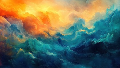 Fototapeta premium Abstract Painting of Swirling Blue and Orange Clouds