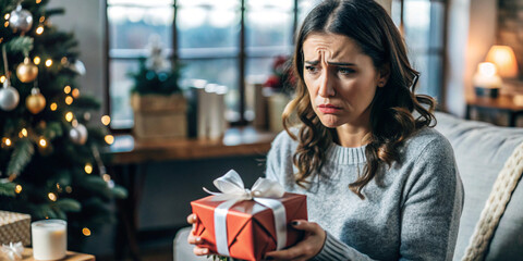 A young woman looking disappointed while holding a wrapped gift, capturing the relatable emotion of receiving an unwanted present during the holidays.
