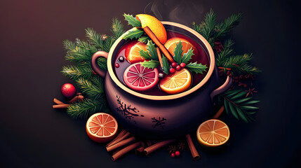 Traditional mulled wine pot with spices and holiday greens.