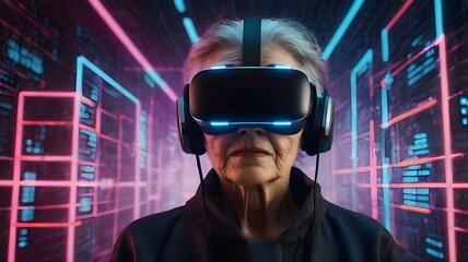 In a vibrant setting filled with neon lights and intricate digital patterns, an elderly woman immerses herself in the world of virtual reality