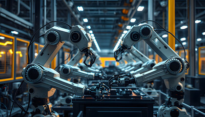 Fototapeta premium Computer aided manufacturing, 3D AI artificial intelligence teamwork robot, robot arms in M2M smart factory increase productivity, quality, quantity, factory engineering and industrial technology is