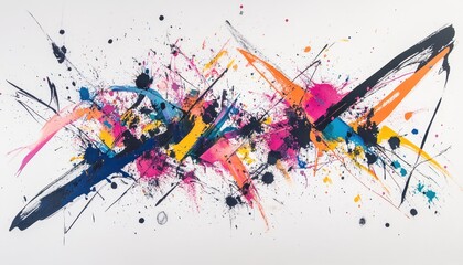 Abstract Painting with Black, Blue, Yellow, Pink and Orange Paint Splatter