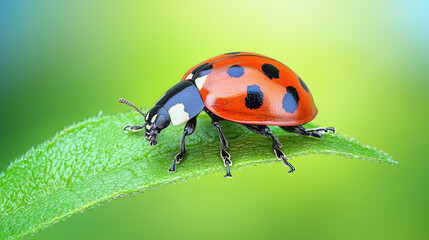stunning close up of ladybug on vibrant green leaf, showcasing its vivid red and black spots. background is soft, blurred green, enhancing ladybug striking appearance