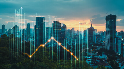 Fototapeta premium Abstract business team stands on the peak of success amid tall, innovative Smart city and graphs with statistics to analyze business potential and predict future developments in company growth.