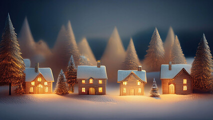 Obraz premium 雪が積もる田舎の小さな家々 暖かい光が窓から漏れているクリスマスの風景 ミニチュアのような小さな世界