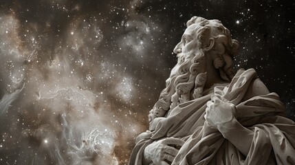 Marble statue of a man with a long beard, against a starry sky background.