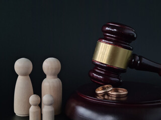 Wooden figures representing family dynamics next to a gavel and wedding rings symbolizing divorce...