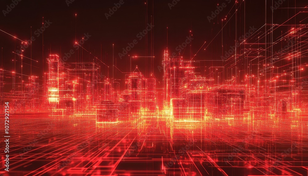 Poster red neon cityscape with interconnected lines