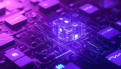 Futuristic Cityscape Rendered on a Circuit Board