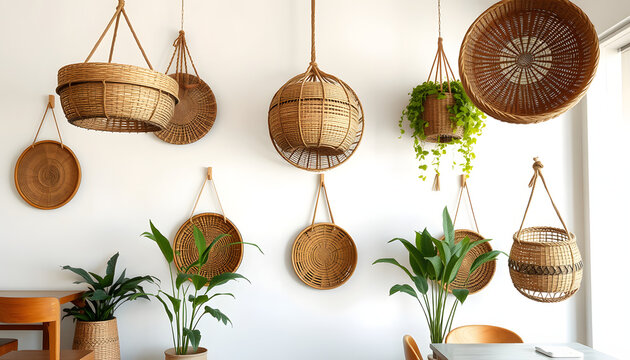 Cafe Interior decorated with hanging African binga baskets isolated with white highlights, png