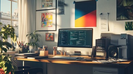 A creative workspace featuring a colorful digital marketing poster above a desk with a computer, glasses, and various office supplies.