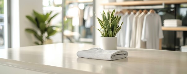 Fototapeta premium Fresh plant and towel in modern space.