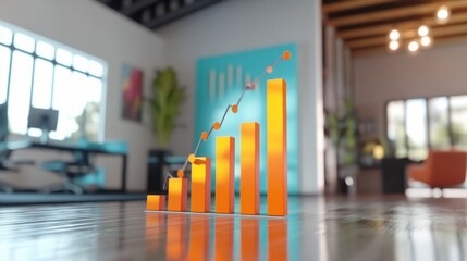 A dynamic business graph with rising bars in orange and teal, showcasing growth and success, on a blurred office background.