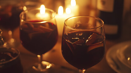 Warm mulled wine in candlelit settings, perfect for cozy evenings.