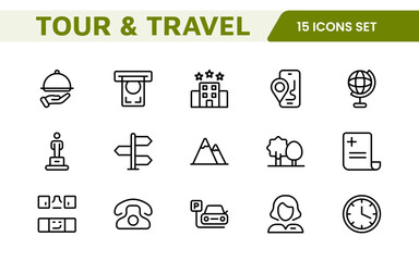 Travel Booking Icon Set. Stylish and user-friendly icons for enhancing travel apps, websites, and services, perfect for streamlining flight searches, hotel bookings, and adventure planning.