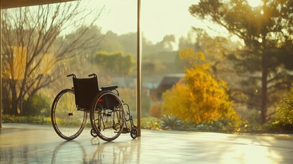 Obraz premium Wheelchair by Large Glass Window at Sunset