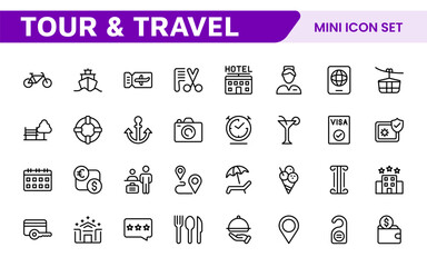 Travel Booking Icon Set. Stylish and user-friendly icons for enhancing travel apps, websites, and services, perfect for streamlining flight searches, hotel bookings, and adventure planning.