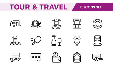 Travel Booking Icon Set. Stylish and user-friendly icons for enhancing travel apps, websites, and services, perfect for streamlining flight searches, hotel bookings, and adventure planning.