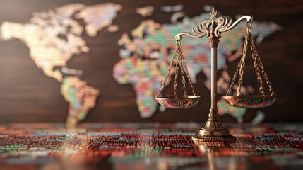 A global finance law concept with scales of justice overlaid on a world map filled with stock market symbols