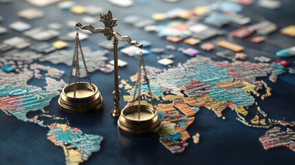 A global finance law concept with scales of justice overlaid on a world map filled with stock market symbols