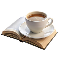 A cup of coffee on the table the background of an open book with a notebook and a stack of books