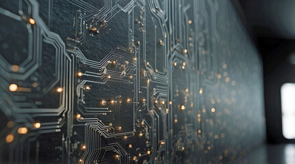 Close-Up of Modern Circuit Board Pattern Illuminated with Tiny LED Lights Futuristic Technology Design Abstract Digital Circuitry