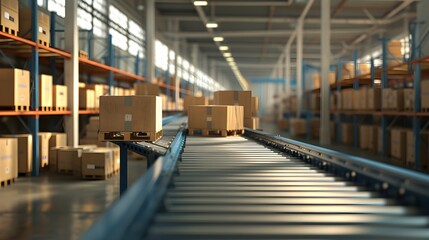 Fototapeta premium Closeup of multiple cardboard box packages seamlessly moving along a conveyor belt in a warehouse fulfillment center, a snapshot of e-commerce, delivery, automation and products.