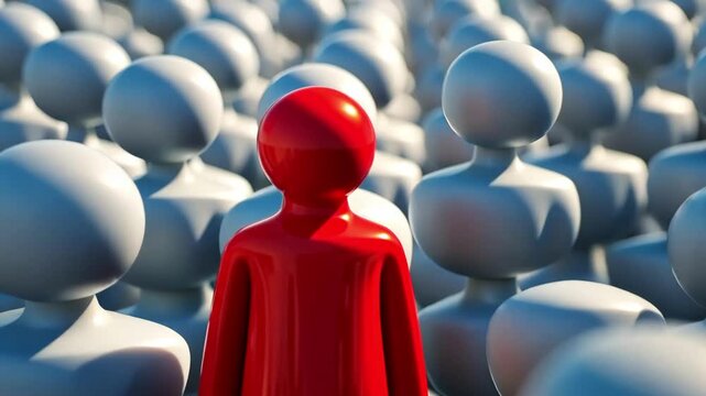 Red figure standing out among a crowd of gray figures, symbolizing individuality, uniqueness, and leadership in a conformist environment. 4K video