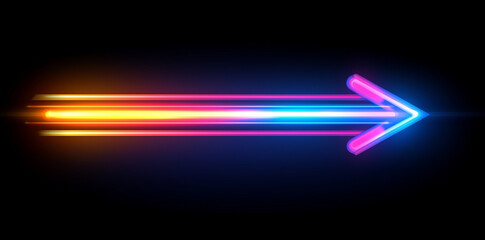 A colorful arrow made of glowing light beams, pointing right at the center on a black background he arrow forms an elegant and dynamic shape with a sense of motion and speed, Ai
