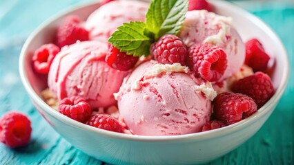 A close-up of a bowl of pink ice cream topped with fresh raspberries and mint leaves, a refreshing summer dessert