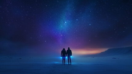 Fototapeta premium Snow fields at night with a backdrop of a starry sky and beautiful northern lights. Amazing night view.