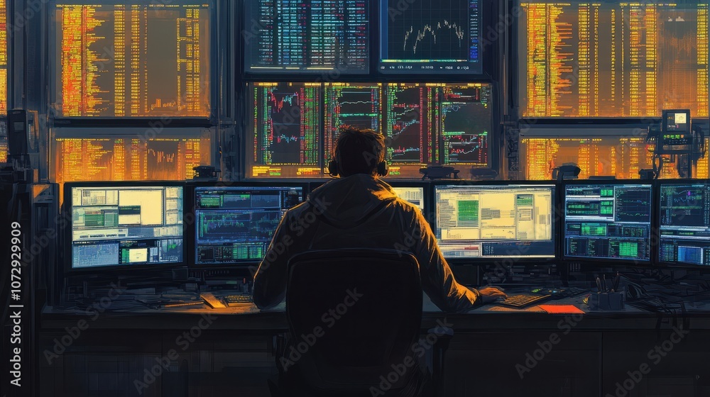 Poster a trader in a bustling stock exchange monitors multiple screens displaying market data, emphasizing 