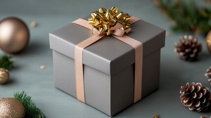 A beautifully wrapped gray gift box adorned with a golden bow and surrounded by festive decorations, set against a soft green backdrop.