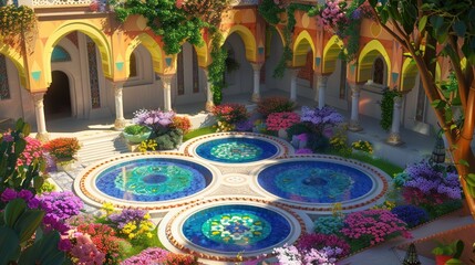 Obraz premium Ornate Courtyard with Four Circular Pools and Lush Greenery.