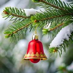 A single red bell with gold details hangs delicately,