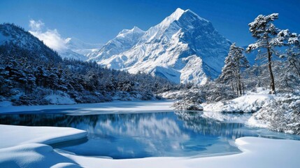 Serene winter landscape of Mount Siguniang, Sichuan, China, showcasing snow-covered peaks, frozen lakes, and a clear blue sky, with pine trees blanketed in snow